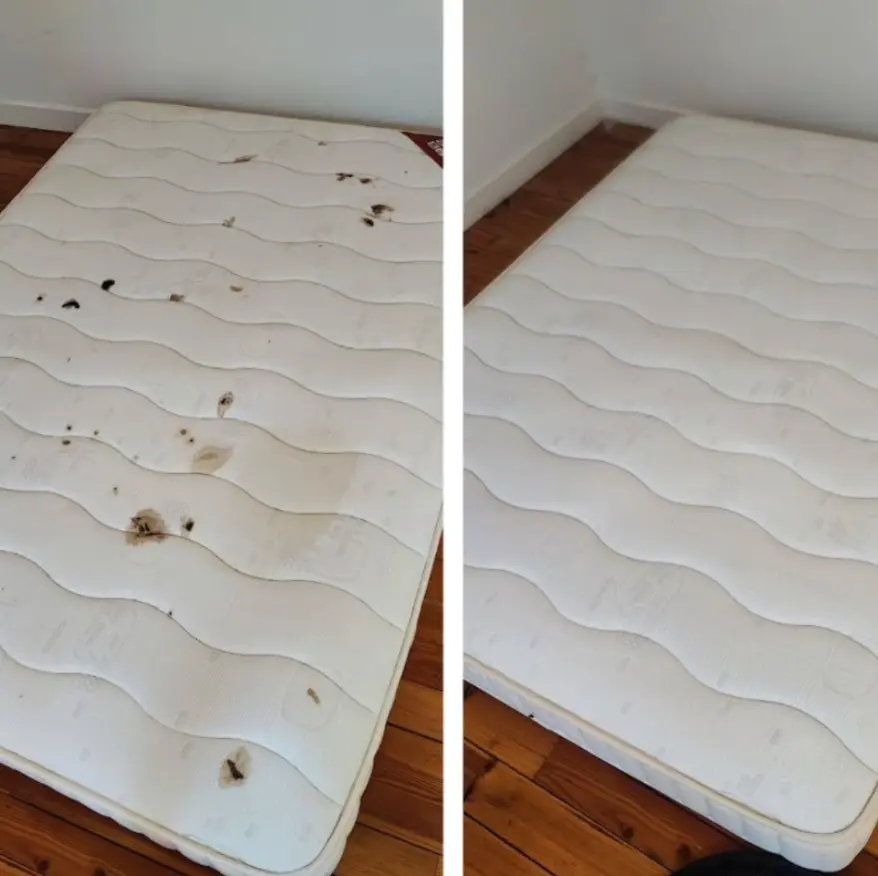 Matelas couvert de taches sombres avant nettoyage, puis blanc et sans marque après