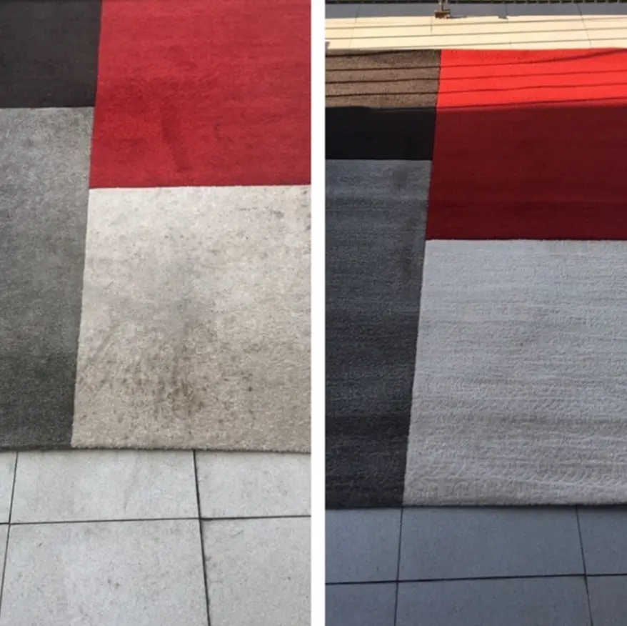 Tapis à motifs gris et rouge terni et taché avant nettoyage, puis aux couleurs ravivées après