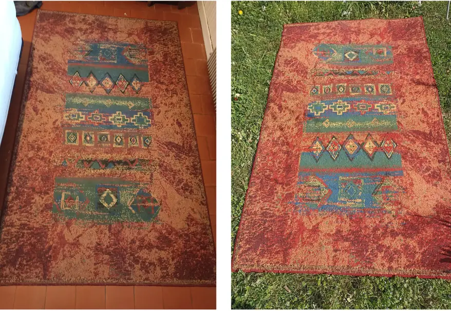Grand tapis à motifs aux teintes ternes avant nettoyage, puis au rouge et au bleu nettement plus francs après