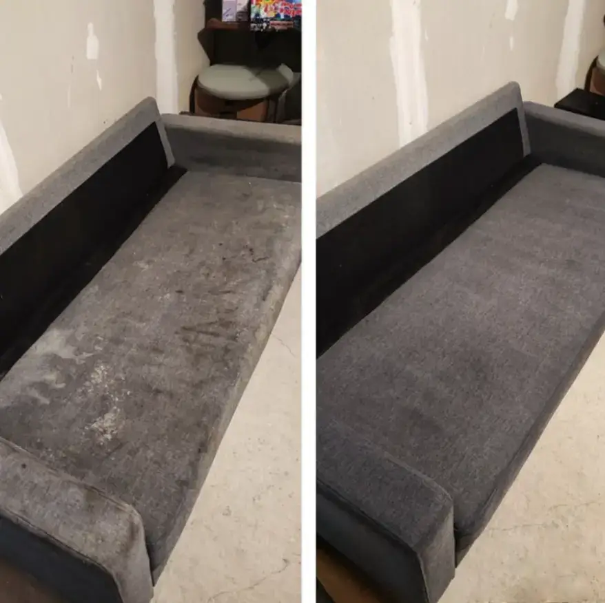 Banquette grise à l'assise tachée et déteinte avant nettoyage, puis propre et uniforme après