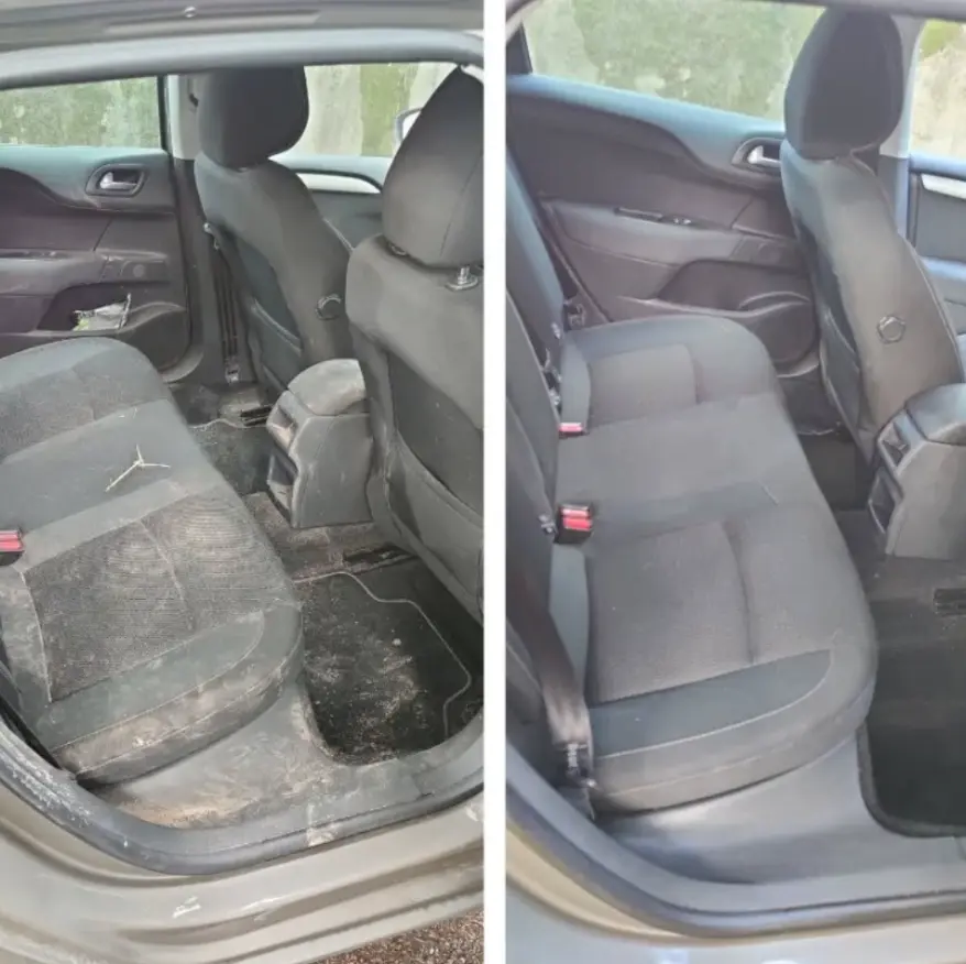 Banquette arrière et plancher d'une voiture couverts de terre avant nettoyage, puis propres et nets après